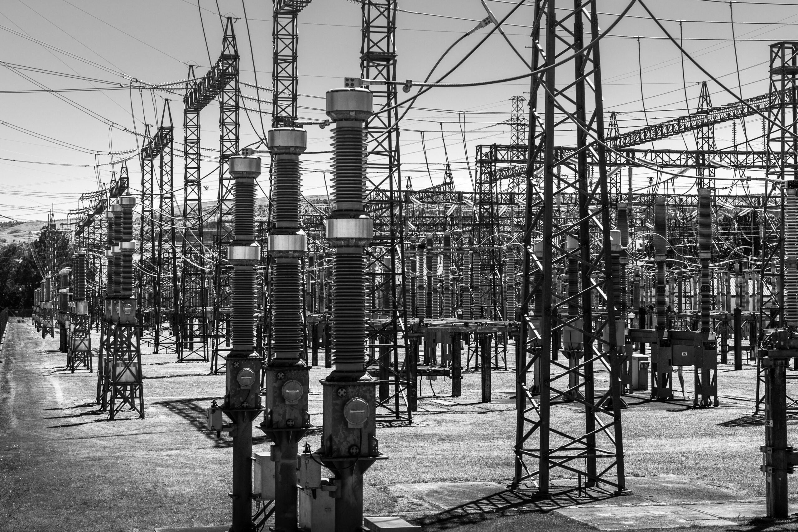 Monochrome Photo of Substation Infrastructure at the Whakamaru Hydroelectric Dam in Waikato, New Zealand.